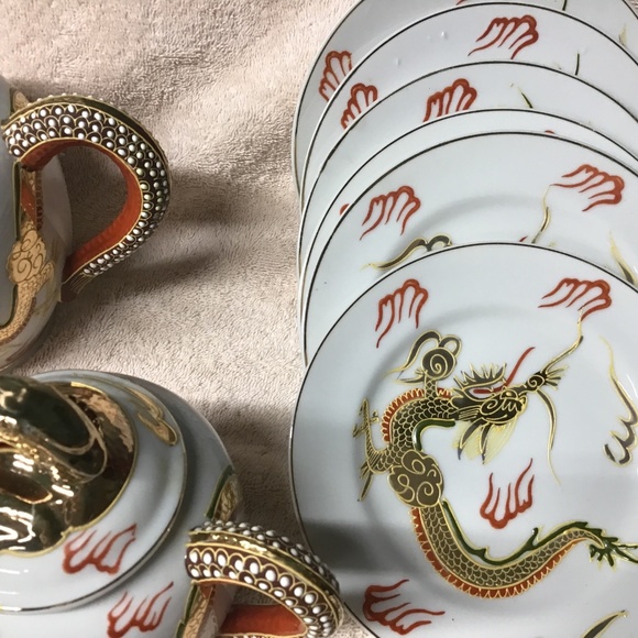 Japanese Dragonware Moriage Kutani Gold Tea Set 20 pcs Lithophane Cups - Picture 6 of 11